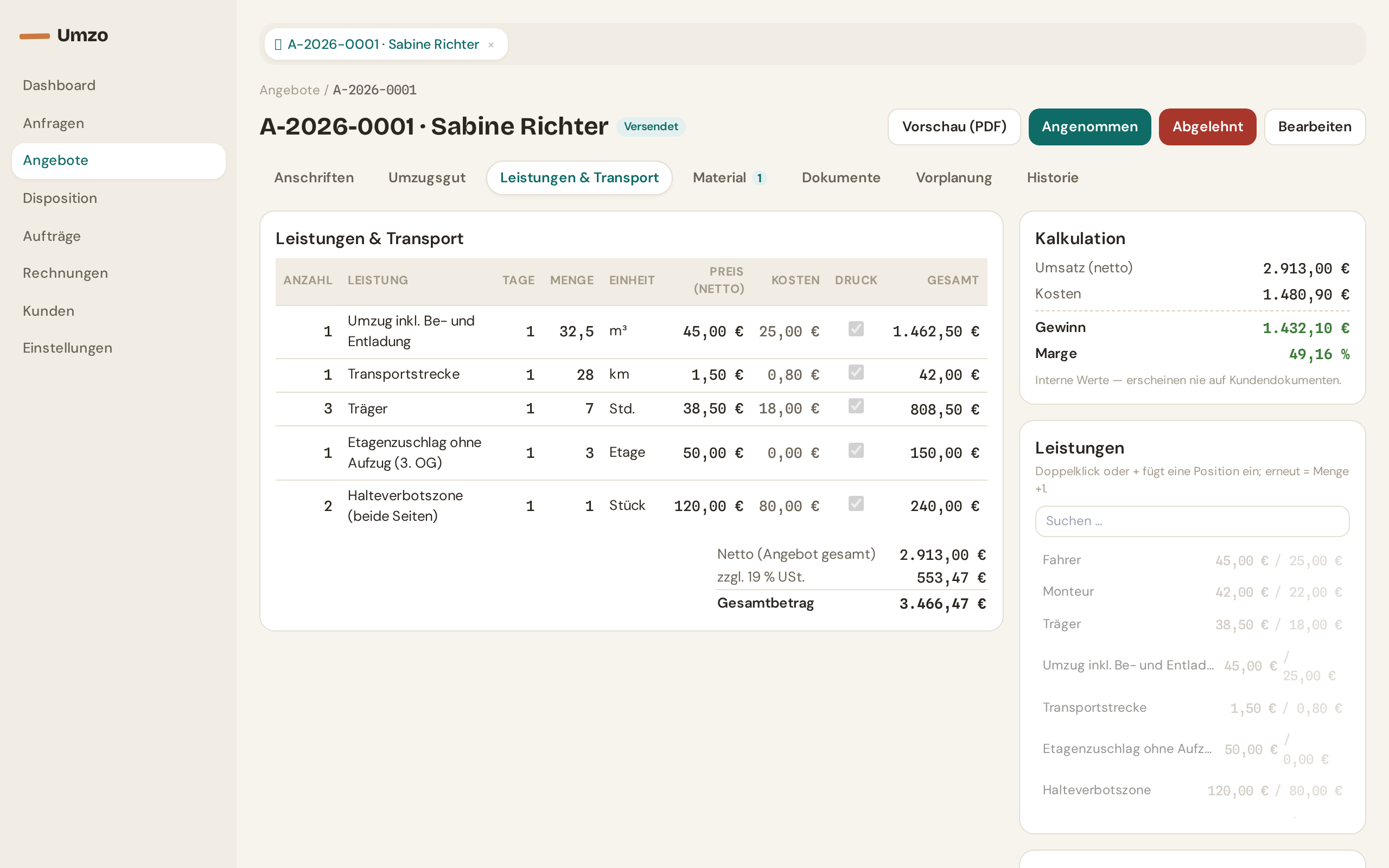 Umzo Angebots-Editor: Leistungspositionen mit Preisen, Kosten und Gesamtbetrag