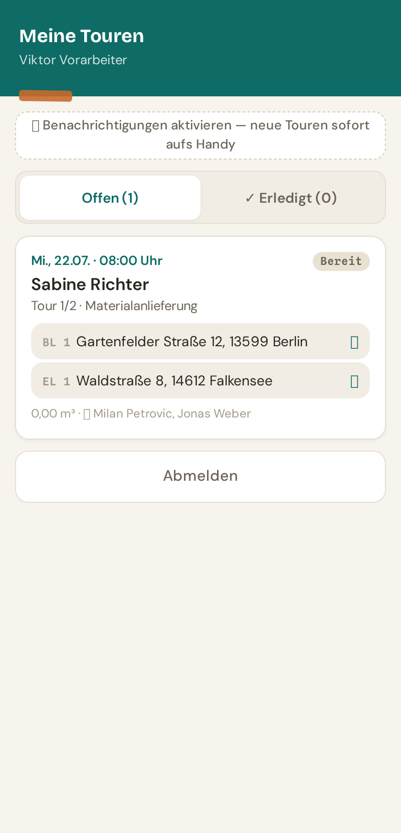 Umzo mobile App: Meine Touren mit Arbeitsschein auf dem Handy
