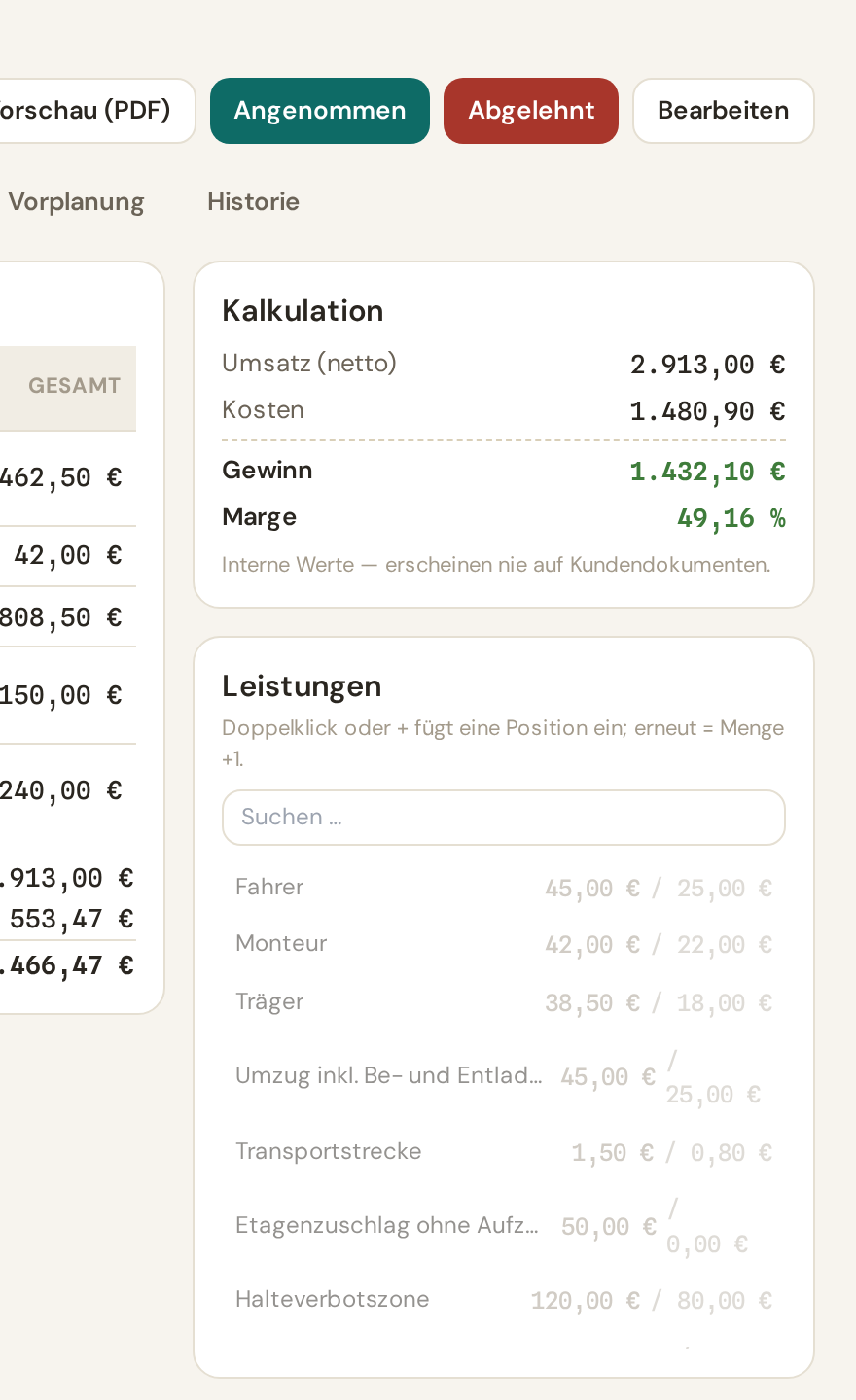 Umzo Kalkulation: Umsatz, Kosten, Gewinn und Marge live im Angebot