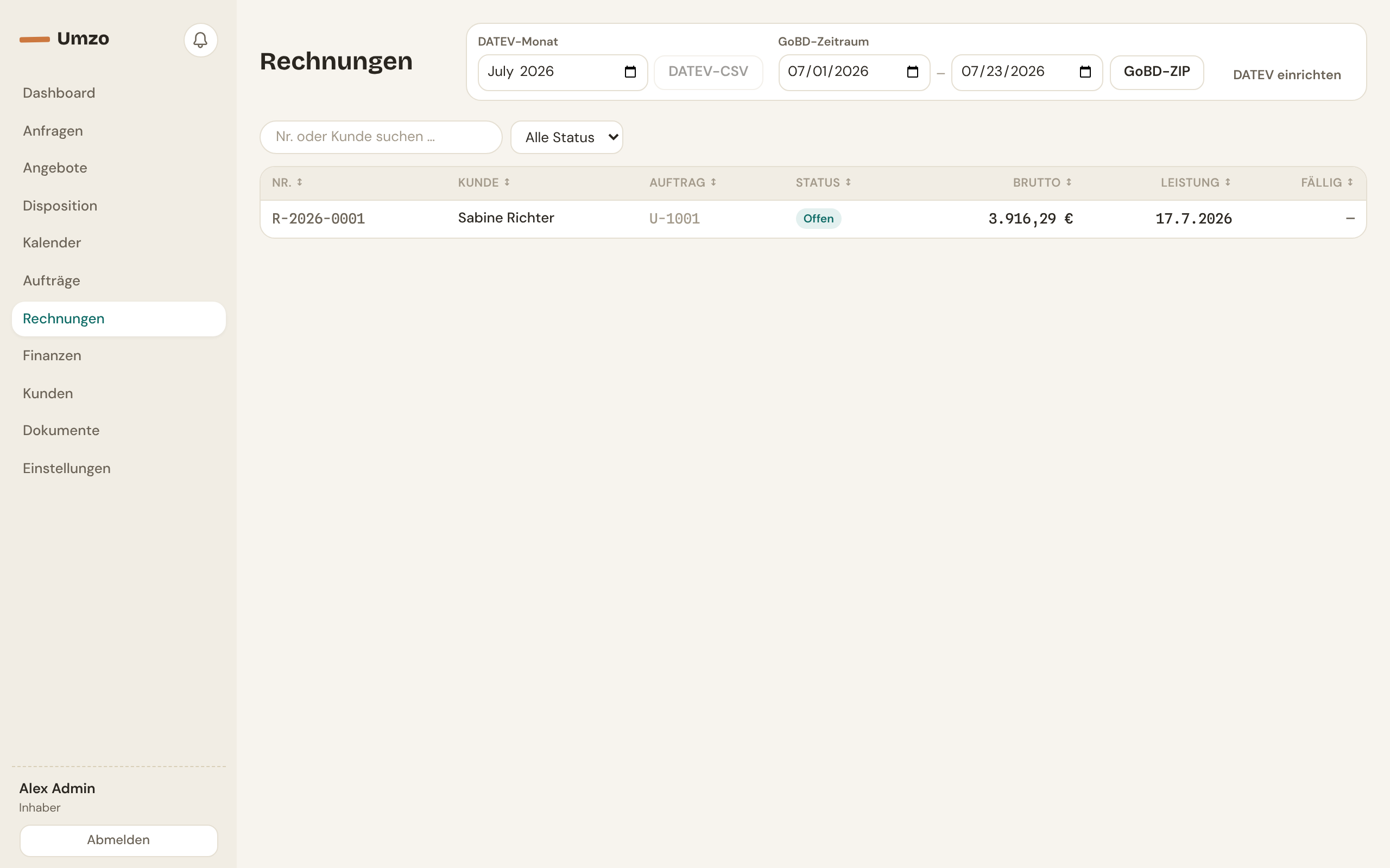 Umzo Rechnungsübersicht mit Status, Beträgen und Zahlungszielen